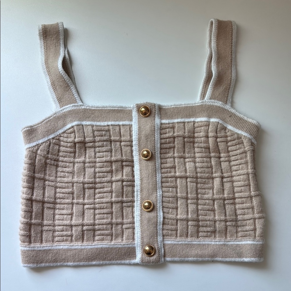 SHEIN Privé Spring Break Contrast Trim Button Detail Crop Knit White Top - Picture 2 of 4